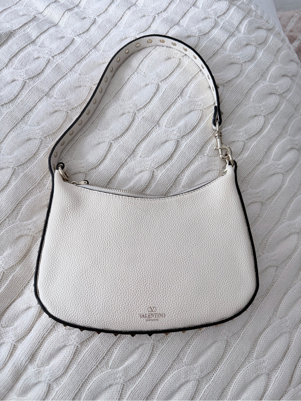 Valentino White Pebbled Leather Shoulder Bag with Black Trim